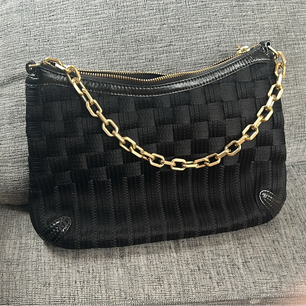 Cole Haan Black Woven Shoulder Bag Gold Chain Strap Boho Purse Leather Trim